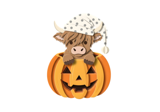 Cute highland cow wearing pajamas peeking out of a halloween pumpkin