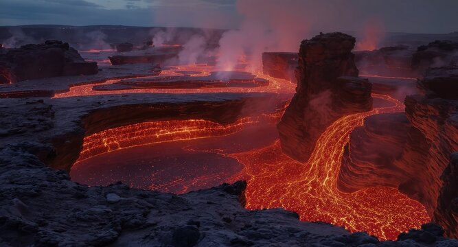 A fiery landscape showing flowing, incandescent lava carving pathways through dark rock formations