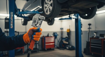 Fototapeta premium A gloved hand holds a tool beneath a lifted car in a repair shop