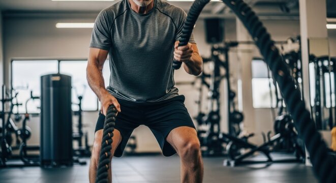 A man in athletic wear powerfully swings thick ropes in a gym setting, showing strength and motion