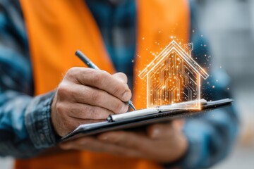 Professional in orange safety vest drafts holographic house blueprint on clipboard at construction site