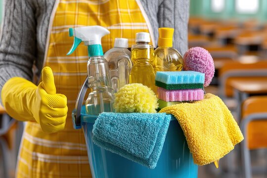 Professional cleaning worker in apron with cleaning supplies in bucket, ready for classroom cleaning - Powered by Adobe