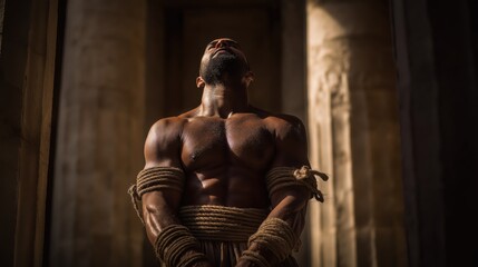 Blind Samson bound between the pillars. Symbol of sacrifice, divine strength, and God’s deliverance in the temple of the Philistines (Judges 16:28–30).