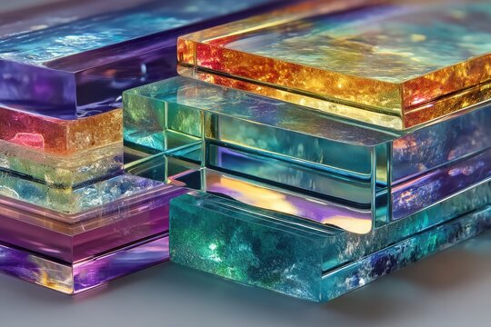Colorful transparent glass blocks stacked in vivid hues for art, decor, and modern design photography