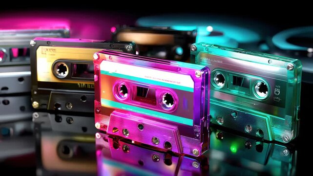 Colorful collection of vintage audio cassette tapes symbolizing nostalgia, retro music, and analog sound
