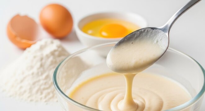 A spoon drips batter into a bowl with flour and eggs nearby, ingredients for baking