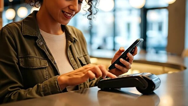 Woman Making Mobile Payment at Cafe Checkout Counter.
