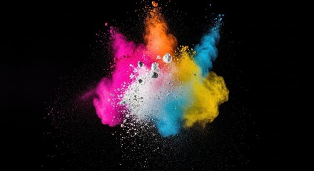 Naklejka premium A vivid cloud of colored powder bursts against a stark black background, showcasing vibrancy