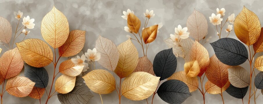 Fototapeta Abstract gold and silver leaves pattern on dark background for modern decor and design