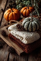 Fototapeta premium Cozy autumn flat lay with pumpkins, knitted sweaters, pine cones and gourds on a rustic wooden table