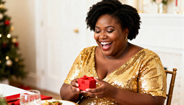 Happy Black woman receiving a Christmas gift at a holiday dinner party. Joyful person in a gold sequin dress celebrating with a present. Festive winter celebration concept