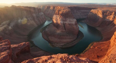 Aerial view of a stunning horseshoe bend carved by a river through layered red rock