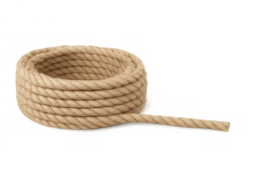 Coiled rope with a loose end, natural fiber string, isolated on transparent background for nautical concepts