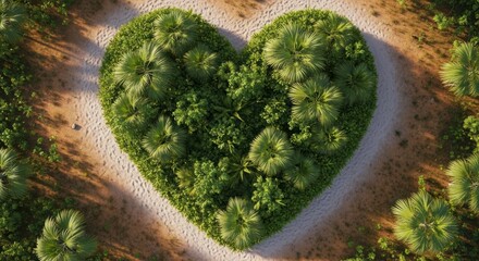 Aerial view of a heart-shaped patch of green vegetation set in a sandy, natural environment