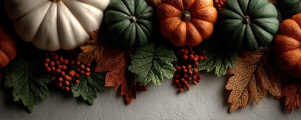 Autumn pumpkins with colorful leaves and berries arranged along a white background