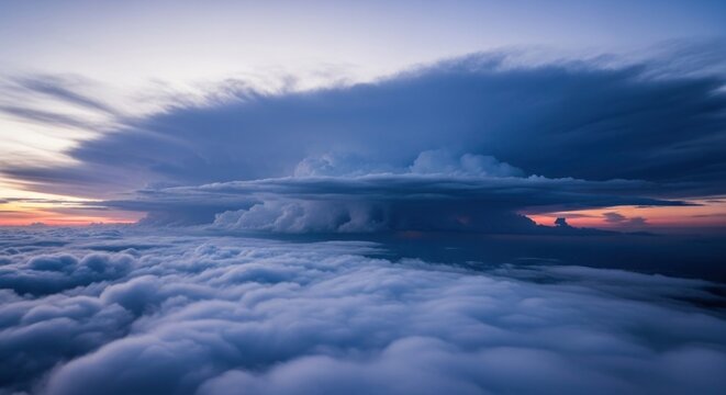 Aerial view showcases a massive cumulonimbus cloud illuminated by a colorful sunset
