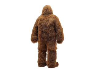 PNG of A person in a furry brown Sasquatch costume, standing with their back turned, showcasing the plush texture of the outfit.