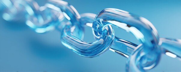 Blue chain links in macro view against a soft blue background, symbolizing connection and strength