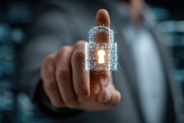 Businessman taps a digital padlock icon symbolizing data security, privacy, and cybersecurity