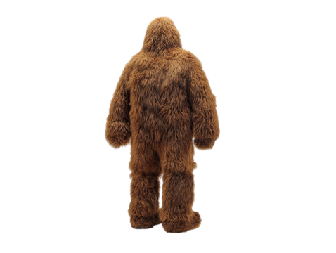 PNG of A person in a furry brown Sasquatch costume, standing with their back turned, showcasing the plush texture of the outfit.