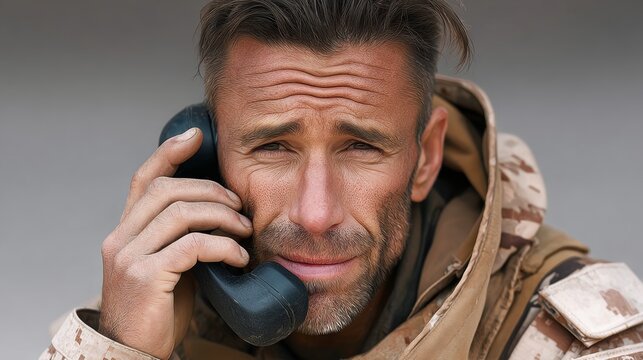Man is talking on a cell phone while wearing a camouflage jacket. He looks sad and is wiping his face with his sleeve - Powered by Adobe