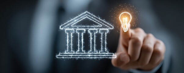 Business Innovation: A Banker Touches a Glowing Holographic Bank Concept for Future Finance