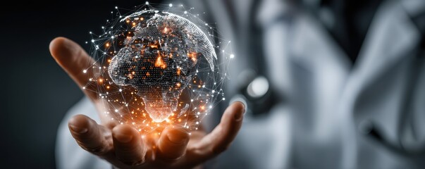 Doctor holds a glowing digital globe, symbolizing global health and technology in modern medicine