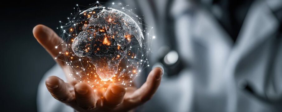 Doctor holds a glowing digital globe, symbolizing global health and technology in modern medicine