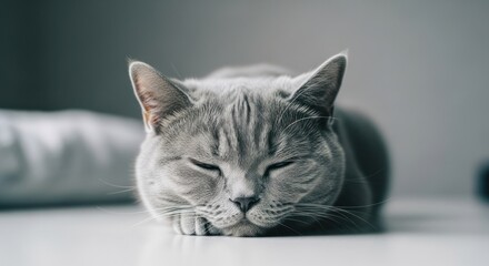 Close-up of a resting, gray-furred cat with closed eyes, soft lighting