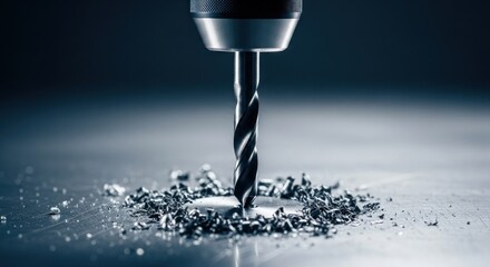 Close-up of a spinning drill bit creating a hole in a metal surface