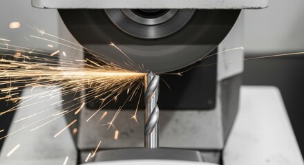 Close-up of drill bit being sharpened on a grinding wheel, generating bright sparks