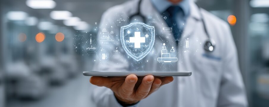 Doctor holds a tablet displaying holographic health shield icons in a clinical setting