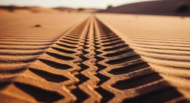 Close-up of tire tracks in rippled desert sand, leading toward the horizon