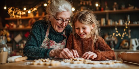 Smiling grandmother and little grandchild in aprons bake Christmas cookies, rolling dough on floury table under warm fairy lights. Sweet family baking tradition, joyful holiday preparation.