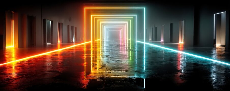 Vibrant neon lines illuminate an empty industrial room, creating colorful reflective pathways