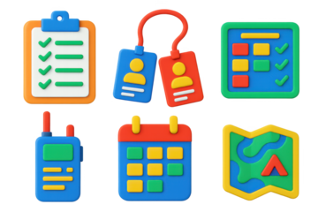Set of colorful icons for a calendar, a map, and a checklist