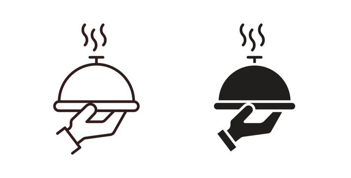 Hand holding tray icon with editable stroke. Thin Line and flat icons for UI designs
