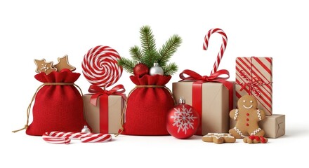 Festive holiday gifts bags, wrapped boxes, sweets, and decorations, all arranged for cheer