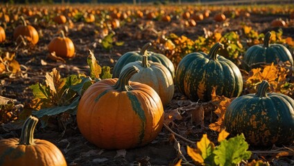 Ripe pumpkins lying in the field