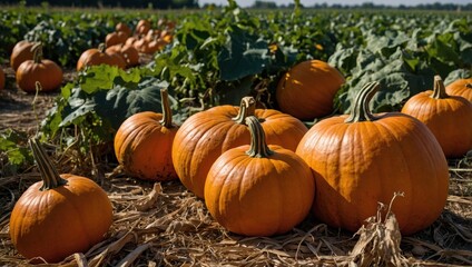 Ripe pumpkins lying in the field