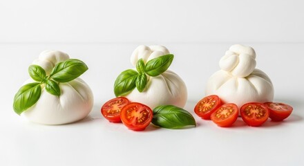 Fresh burrata cheese with basil and halved cherry tomatoes on a white surface