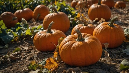 Ripe pumpkins lying in the field