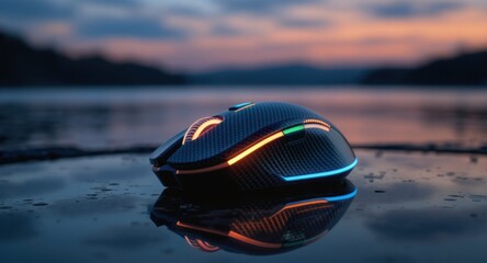 Futuristic, backlit computer mouse sits on wet surface, blurred landscape background