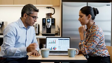 Two diverse business professionals discussing data on a laptop in a modern office kitchen. - Powered by Adobe