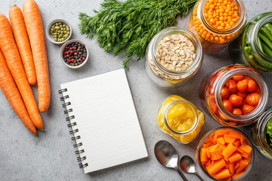 Fresh Ingredients and Preserved Vegetables with Notebook