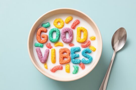 Colorful cereal spelling 'good vibes' in a bowl - Powered by Adobe