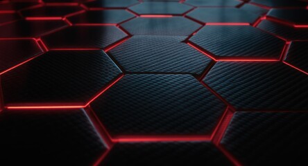 Hexagonal dark gray textured surface with red glowing edges. Close-up, abstract, futuristic