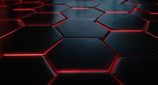 Hexagonal dark gray textured surface with red glowing edges. Close-up, abstract, futuristic