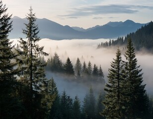 a serene misty landscape featuring tall evergreen trees and majestic mountains evoking a sense of tranquility and mystery in soft muted tones