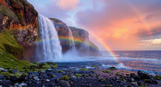Majestic waterfall cascades into the ocean with vibrant rainbow arches under a colorful sunset